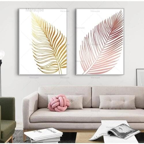 Pink and Gold Leaves Nordic Posters Canvas Painting Wall Art Prints Pictures For Modern Living Room Girl Bedroom Decoration