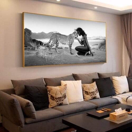 Black and White Snow Leopard and Nude Women Landscape Posters and Print Wall Art Canvas Painting Picture for Living Room Decor