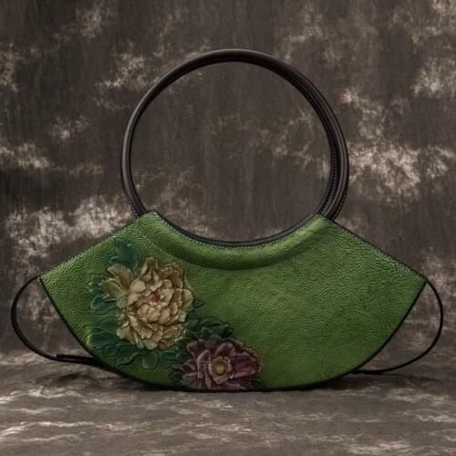 Retro Handmade Embossing Genuine Leather Women Tote Bag 2021 New Casual First Layer Cowhide Handbag Ladies Floral Shoulder Bags