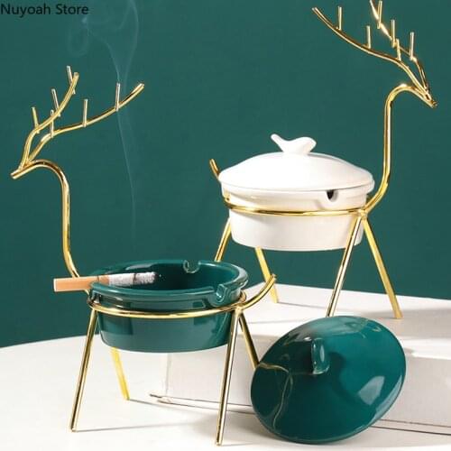 Nordic Light Luxury Deer Ceramic Ashtray Golden Shelf Household Ash-proof Ashtray Creative Storage Box with Lid/home Decoration