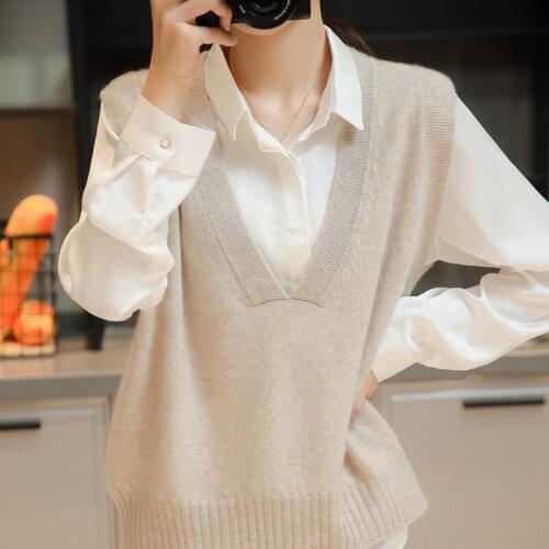 Autumn Womans Sweaters Vest Chic Casual V-Neck Sleeveless Female Pullover 100% Wool Knitted Jumpers Clothing Sweater Shirt Tops