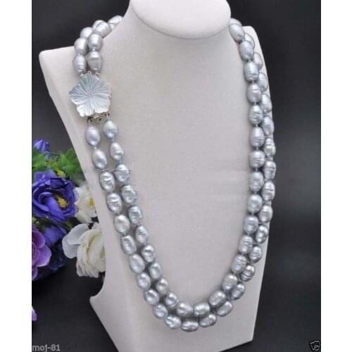 Selling jewerly > 2 Rows 10-11mm Natural Gray Rice Freshwater Cultured Pearl Necklace 18-19'' AAA>free shipping