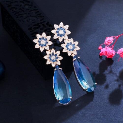 BeaQueen Elegant Dangly Blue Flower Cubic Zirconia Long Big Water Drop Earrings 2021 Trend Jewelry for Women Wedding Party E429