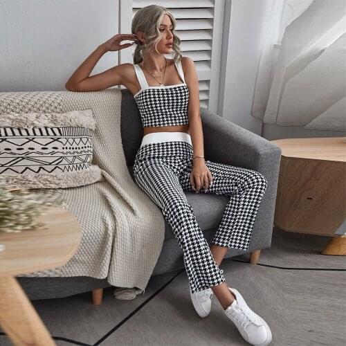 Women Fashion Two Pieces Set Houndooth Printed Knitted Cropped Tank Top And Wide Leg Trousers High Street Office Autumn Suits