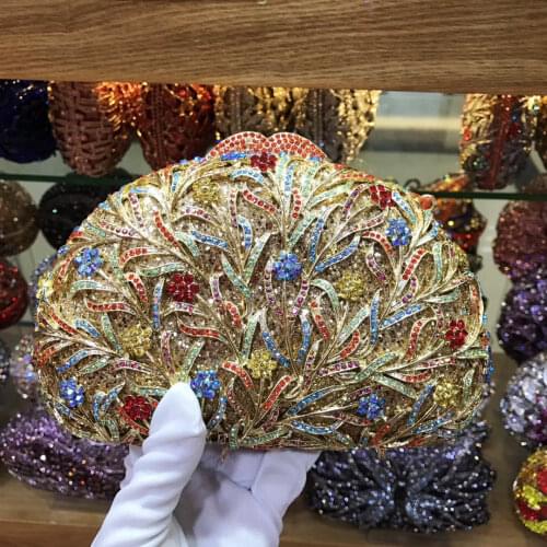 Gold Metal Seaweed Pattern Crystal Women Clutch Bags FahsionEvening Purses Luxury Ladies Diamond Shoulder Chain Small Handbags
