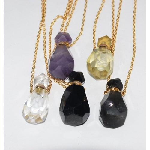 Natural Gem Stone Perfume Bottle Pendant Gold Chain Necklace Women 2019 Essential Oil Jewelry Decoration Faceted Crystal Quartz