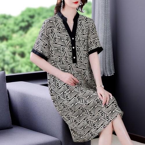 Summer Vintage Print Mulberry Silk Casual Midi Dress 2021 Loose 4XL Plus Size Chiffon Dress Elegant Women Bodycon Party Vestidos