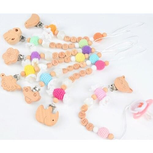1PC Baby Pacifier Chain Elephant Wooden Clip Geometric Crochet Beads Bag Wood Teether Tiny Rod Dummy Clips Baby Pacifier Holder