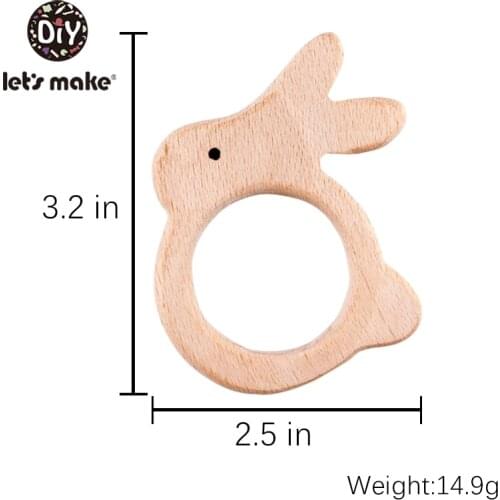 Lets Make Baby Wooden Teether 5pcs Natural Wooden Animal Rabbit Baby Teething Rattle Montessori Inspired Nursing Pendant Toys