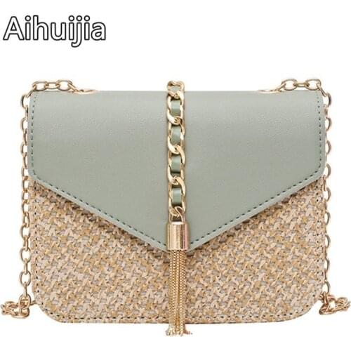 Fringed Chain Small Flap Bags for Women 2020 Fashion Straw+PU Crossbody Bags Ladies Summer Beach Messenger Shoulder Handbags