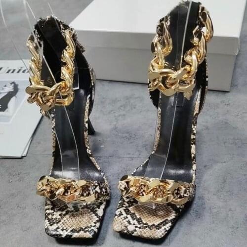 Summer sexy lady fashion women shoes snake python printed chains peep toe ankle strappy high heels sandals