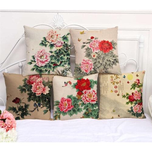 Throw Pillow Cases Watercolor Peony Chinese Painting Cushion Cover 45x45cm Home Living Room Decoration Linen/Cotton Pillowcover