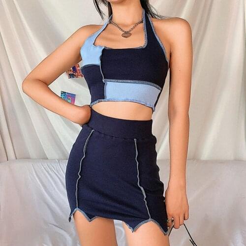 E-Girl Square Collar Crop Top Mini Skirt Sexy Patchwork Y2K Goth Fairy Grunge Gobincore Aesthetic Clothes Harajuku 2 Piece Sets