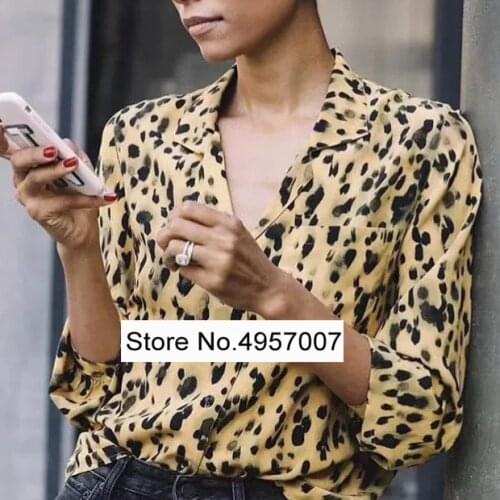 Elfbop Silk 100% Women Yellow Leopard Print Notched Collar Shirt Top - 2019 Newest Single Pocket Animal Printed Blouse Shirt