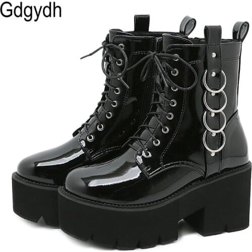 Gdgydh Sexy Belt Buckle Women Platform Ankle Boots Pantent Leather Autumn Winter Lace Up Booties Chunky Heel Dark Blackness New