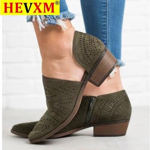 HEVXM 2020 Fashion Women Boots Spring Summer Block Low Heel Ladies Booties PU Leather Hollow Out Ankle Platform shoes