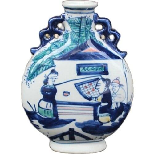 Chinese old porcelain Blue and white porcelain Biaural figure vase