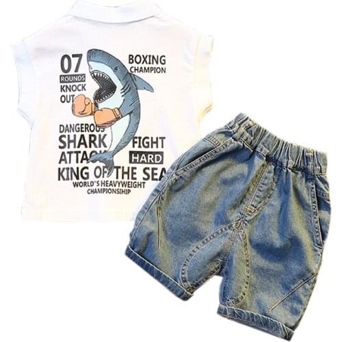 Summer Kids Sets Boys Girls Clothes Sets Shark Print Tops+Denim Shorts 2 Pcs Suits Toddler Kids Clothes Cotton Comfortable Sets