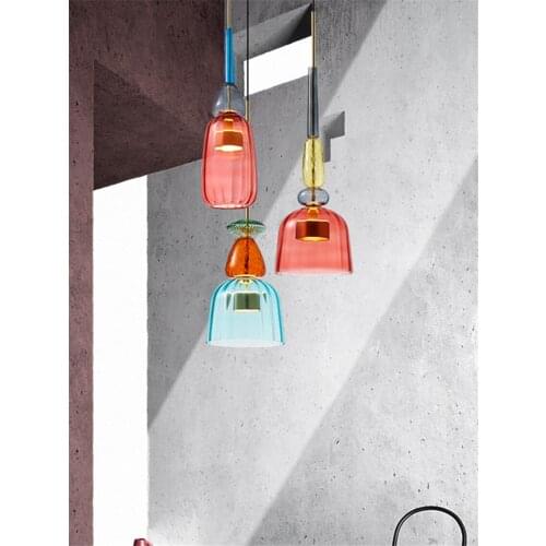 Macaron Stained Glass Lamps Nordic Modern Pendant Lights Shop Dining Bar Full Copper Pendant Lights Kitchen Pendent Flesh Light