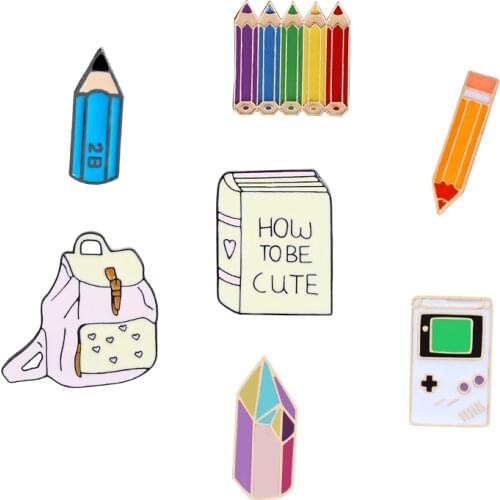 Cute Enamel Pencil School Bag Book Game Brooches For Kids Denim Coat Shirt Collar Metal Lapel Pins Backpack Badge Jewelry Gifts