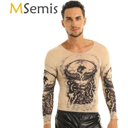 Mens Fake Tattoo Cycling T-Shirt Design See through Sports Top Round Neckline Elastic Long Sleeve Qicky Dry T-Shirt
