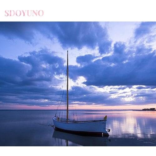 SDOYUNO DIY painting by numbers with frame for kids Sea boat seascape pictures by numbers acrylic paints for painting on canvas