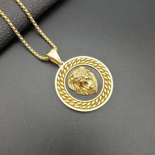 New arrival Hip Hop Jewelry Big Lion Head 316L Stainless steel Pendant Gold Color Figaro Chain For Men Statement Necklace