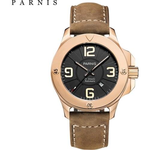 Parnis 47mm Military Mechanical Mens Watch Luxury Sapphire Crystal Luminous Calendar Clock Leather Band Automatic Watch