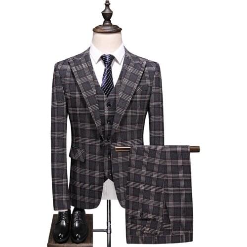 Jacket+Vest+Pants) 2021New Grey British Style Suits Casual Plaid Male High Quality Mens Wedding Groom Business Party Suits