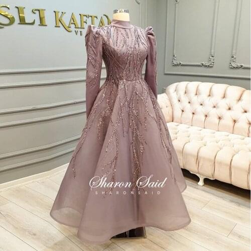 Sharon Said Light Purple Midi Muslim Evening Dress Long Sleeve Ankle Length Luxury Dubai Arabic Women Wedding Formal Party Gowns