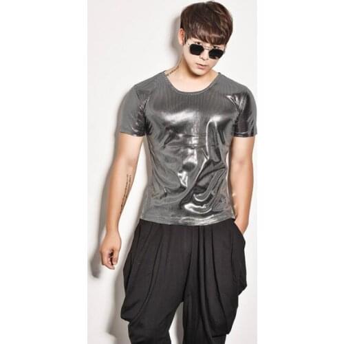 Round collar mens shirts fashion stage clothes men shirt short sleeve slim fit men shirts singer star style dress sliver