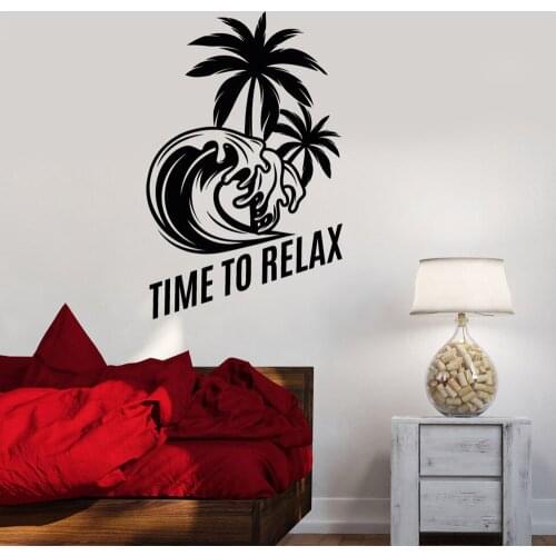 Spa Wall Decal Woman Relax Beauty Salon Massage Room Decoration Vinyl Decal Palm Beach Relax Tropical Tree Wave Ocean Sea Mural