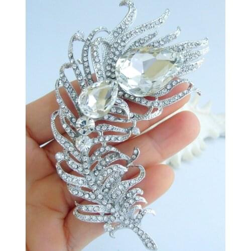 Wedding Bridal Clear Austrian Crystal Peacock Feather Brooch Pin Pendant EE05038C1