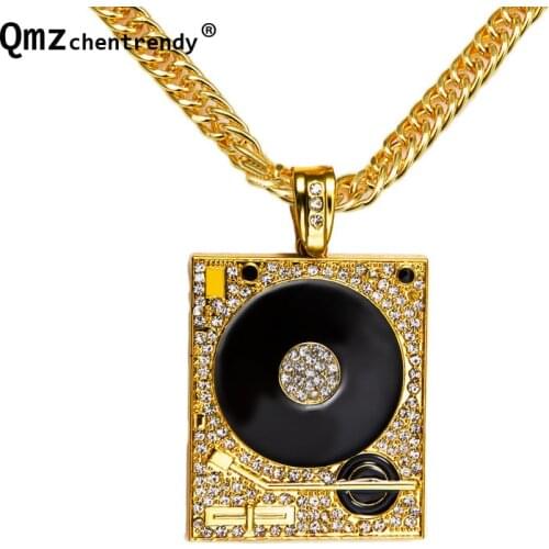 High-quality 24k Gold Hip hop Rapper Nightclub DJ phonograph Round square crystal Pendant long Necklace 80cm Long jewelry