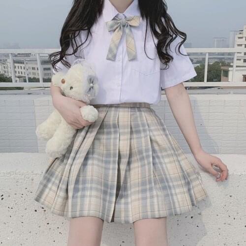 Japanese Bow Tie College Wind Short Sleeve Students White Shirt + High-Waisted Vintage Plaid Pleated Skirt Suit Female Summer