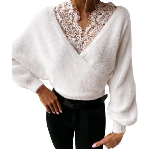 Womens Sexy Lace Plush Autumn Blouse Wrap Front Tee Top Long Sleeve Deep V Neck Lace Trim Loose Fit Blouse Elegant Pullovers