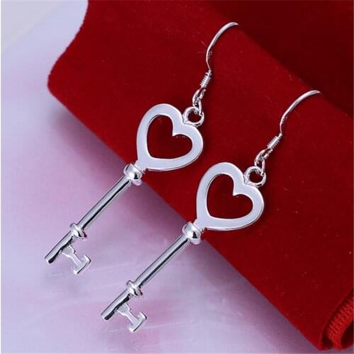 DOTEFFIL 925 Sterling Silver Heart Key Drop Earrings For Woman Wedding Engagement Party Fashion Charm Jewelry