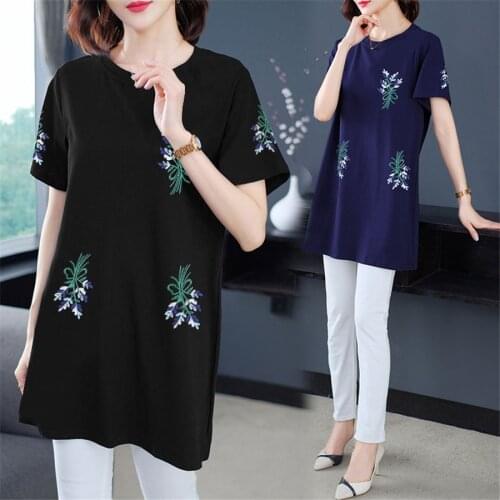 Summer Fashion Vintage Floral Embroidering Tee Tops 2021 Ladies Casual Loose Round Neck Short Sleeve T-shirts