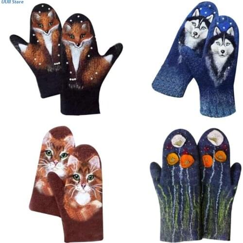 Women Winter Faux Cashmere Full Finger Gloves Colorful Floral Wolf Cat Animal 3D Print Thicken Warm Outdoor Windproof Thermal