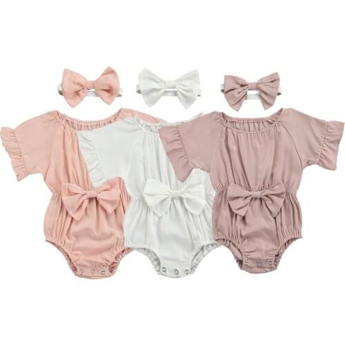 New 2 Pcs Summer Outfits, Baby Girl Solid Color Round Neck Ruffle Sleeve Romper + Headband with Bowknot