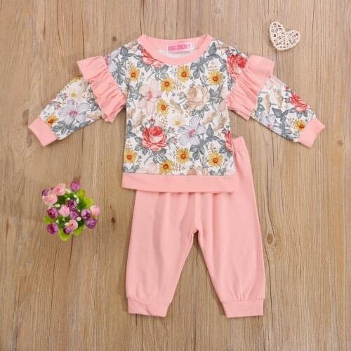 Toddler Baby Girls 2Pcs Fall Outfits, Casual Long Sleeve Floral Print Pullover And Pants Set 0-4T 2021 New Fashion