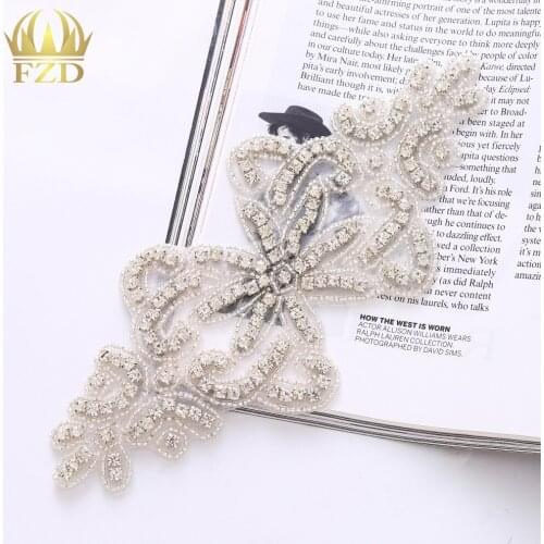1piece) Handmade Beaded Sew On Hot Fix Sliver Clear Bling Rhinestone Crystal Wedding Sash Applique for Bridal Belt Wristbands