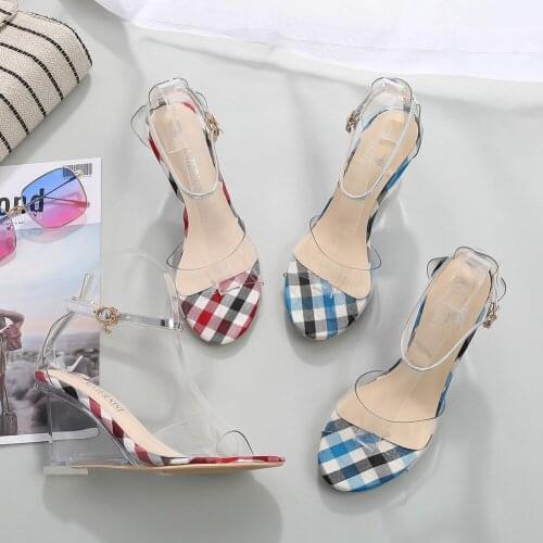 Womens High Heel Sandals Plaid Design Fashion Womens Sandals Slope Heel Fish Mouth Sandals Open Toe Wear