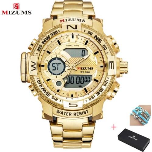 2019 MIZUMS Mens Sport Watch Luxury Men Gold Quartz Analog LED Clock Full Steel Business Waterproof Watches Relogio Masculino