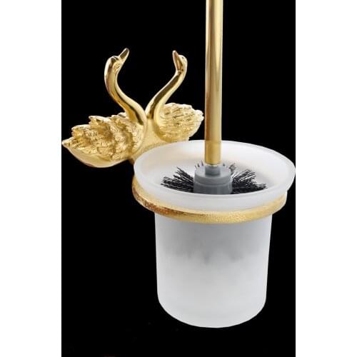 Toilet Brush Holder Gold Solid Brass Frosted Glass Cup Swan WC Borstel Clean Wall Bathroom Accessories Toilet Brush Set MB-0961A