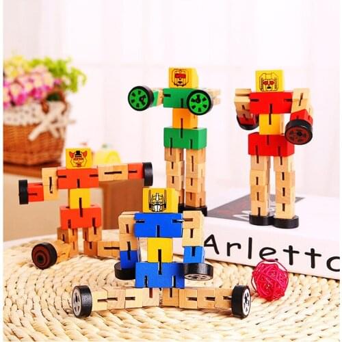Childrens educational toys wooden car transformation robot manual folding childrens building blocks toy car doll model gift