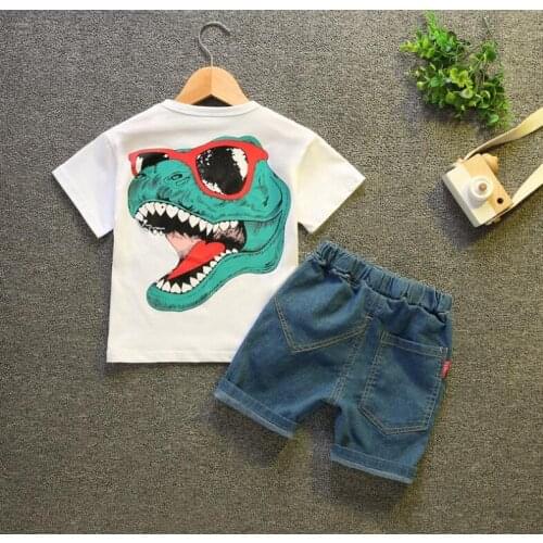 Baby Boys Cotton Clothes Set Summer Toddler Cartoon Dinosaur Turn-down Collar T-Shirt Short Pants 2pcs/set Suit Children Costume