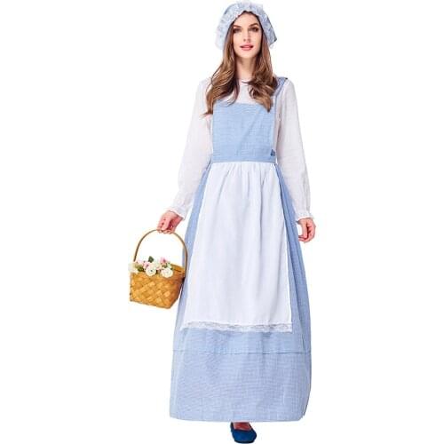 Ranch Costumes European and American Farm Girls Sky Blue Plaid Kitchen Girl Skirt Pastoral Parent-child Performance Costume