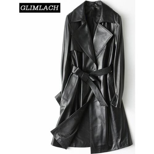 Luxury Soft Sheepskin Genuine Leather Women Long Coats With Belt 100% Real Leather Trench Jacket Black Fashion Ladies Clothes