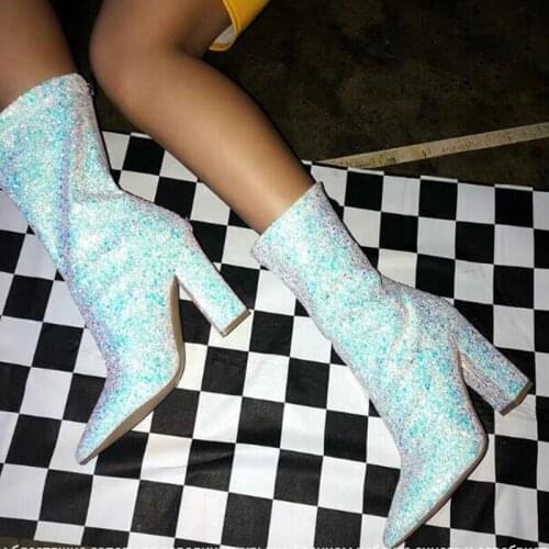 Hot Selling Glitter Paillette Ankle Boots Pointed Toe Chunky Heels Sequined Banquet Dress Shoes Drop Ship
